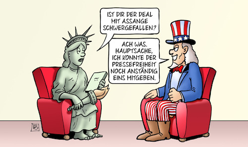 Cartoon: Assange-Deal (medium) by Harm Bengen tagged deal,julian,assange,wikileaks,haft,freiheit,entlassung,pressefreiheit,usa,uncel,sam,freiheitsstatue,harm,bengen,cartoon,karikatur,deal,julian,assange,wikileaks,haft,freiheit,entlassung,pressefreiheit,usa,uncel,sam,freiheitsstatue,harm,bengen,cartoon,karikatur