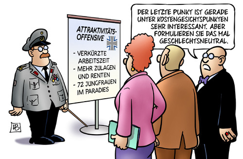 Cartoon: Attraktivitäts-Offensive (medium) by Harm Bengen tagged arbeitszeit,zulagen,und,renten,jungfrauen,paradies,islam,bundeswehr,armee,general,von,der,leyen,attraktivitätsoffensive,attraktivität,offensive,kostengesichtspunkt,geschlechtsneutral,kosten,harm,bengen,cartoon,karikatur,arbeitszeit,zulagen,und,renten,jungfrauen,paradies,islam,bundeswehr,armee,general,von,der,leyen,attraktivitätsoffensive,attraktivität,offensive,kostengesichtspunkt,geschlechtsneutral,kosten,harm,bengen,cartoon,karikatur