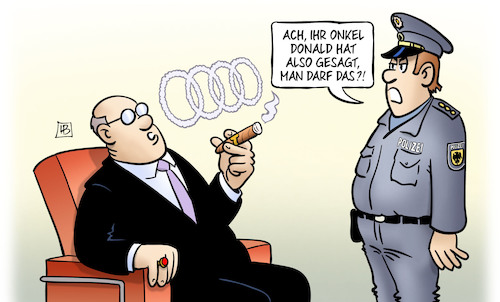 Cartoon: Audi-Ermittlungen (medium) by Harm Bengen tagged onkel,donald,audi,abgasskandal,ermittlungen,klimapolitik,präsident,trump,pariser,klimaschutzabkommen,klimawandel,harm,bengen,cartoon,karikatur,onkel,donald,audi,abgasskandal,ermittlungen,klimapolitik,präsident,trump,pariser,klimaschutzabkommen,klimawandel,harm,bengen,cartoon,karikatur