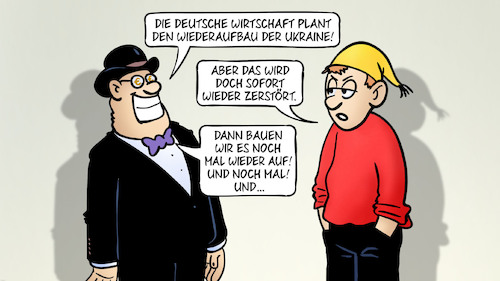 Cartoon: Aufbau-Endlosschleife (medium) by Harm Bengen tagged aufbau,endlosschleife,deutsche,wirtschaft,wiederaufbau,zerstörung,kapitalist,unternehmer,eurozeichen,michel,krieg,ukraine,russland,harm,bengen,cartoon,karikatur,aufbau,endlosschleife,deutsche,wirtschaft,wiederaufbau,zerstörung,kapitalist,unternehmer,eurozeichen,michel,krieg,ukraine,russland,harm,bengen,cartoon,karikatur