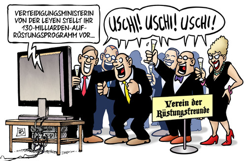 Cartoon: Aufrüstung (medium) by Harm Bengen tagged verteidigungsministerin,von,der,leyen,bundeswehr,130,milliarden,aufrüstungsprogramm,lobby,waffenindustrie,rüstungsindustrie,gewinn,sekt,feiern,harm,bengen,cartoon,karikatur,verteidigungsministerin,von,der,leyen,bundeswehr,130,milliarden,aufrüstungsprogramm,lobby,waffenindustrie,rüstungsindustrie,gewinn,sekt,feiern,harm,bengen,cartoon,karikatur