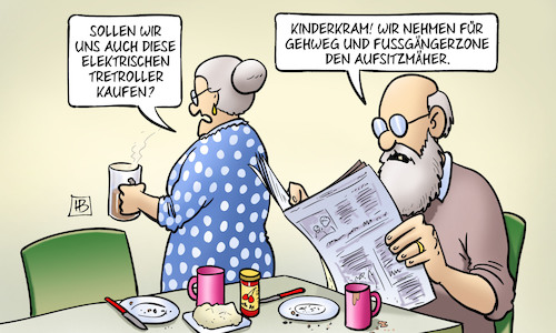 Cartoon: Aufsitzmäher (medium) by Harm Bengen tagged elektrische,tretroller,escooter,zulassung,scheuer,kinderkram,gehweg,fussgängerzone,aufsitzmäher,susemil,harm,bengen,cartoon,karikatur,elektrische,tretroller,escooter,zulassung,scheuer,kinderkram,gehweg,fussgängerzone,aufsitzmäher,susemil,harm,bengen,cartoon,karikatur