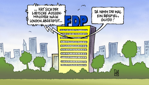 Cartoon: Außenminister nach London (medium) by Harm Bengen tagged außenminister,london,libyen,england,deutschland,flucht,fdp,westerwelle,macht,machtkampf,außenminister,london,libyen,england,deutschland,flucht,fdp,westerwelle,macht,machtkampf