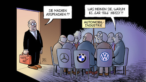 Cartoon: Auto-Kartell (medium) by Harm Bengen tagged absprachen,bundeskartellamt,car,tell,automobilindustrie,abgasskandal,diesel,vw,bmw,daimler,audi,porsche,harm,bengen,cartoon,karikatur,absprachen,bundeskartellamt,car,tell,automobilindustrie,abgasskandal,diesel,vw,bmw,daimler,audi,porsche,harm,bengen,cartoon,karikatur