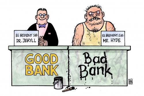 Cartoon: Bad Bank vs. Good Bank (medium) by Harm Bengen tagged bad,bank,good,faule,kredite,finanzen,finanz,finanzkrise,banken,banker,steinbrück,bundesregierung,dr,jekyll,mr,hyde,cartoon,cartoons,bank,banken,wirtschaft,geld,finanzkrise,finanzen,finanzmarkt,wirtschaftskrise,banker,faule kredite,kredit,peer steinbrück,dr jekyll,mr hyde,bundesregierung,regierung,deutschland,faule,kredite,peer,steinbrück,dr,jekyll,mr,hyde