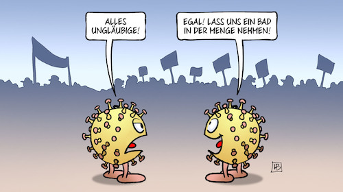 Cartoon: Bad in der Menge (medium) by Harm Bengen tagged virus,corona,demonstrationen,querdenker,rechts,ungläubige,bad,menge,harm,bengen,cartoon,karikatur,virus,corona,demonstrationen,querdenker,rechts,ungläubige,bad,menge,harm,bengen,cartoon,karikatur