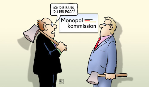 Cartoon: Bahn-Zerschlagung (medium) by Harm Bengen tagged bahn,db,post,monopolkommission,axt,zerschlagung,harm,bengen,cartoon,karikatur,bahn,db,post,monopolkommission,axt,zerschlagung,harm,bengen,cartoon,karikatur