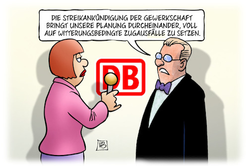 Cartoon: Bahnstreiks und Planung (medium) by Harm Bengen tagged streikankündigung,gewerkschaft,bahnstreiks,planung,db,witterungsbedingte,zugausfälle,interview,harm,bengen,cartoon,karikatur,streikankündigung,gewerkschaft,bahnstreiks,planung,db,witterungsbedingte,zugausfälle,interview,harm,bengen,cartoon,karikatur