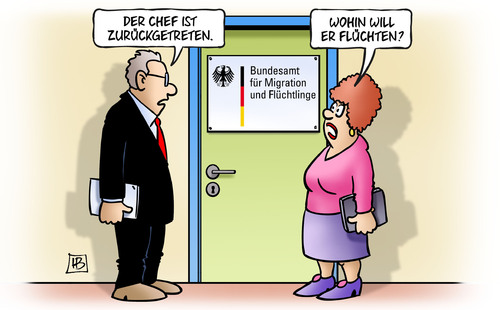 Cartoon: BAMF-Rücktritt (medium) by Harm Bengen tagged chef,schmidt,präsident,zurücktreten,flüchten,bamf,rücktritt,migration,einreise,flüchtlinge,asyl,harm,bengen,cartoon,karikatur,chef,schmidt,präsident,zurücktreten,flüchten,bamf,rücktritt,migration,einreise,flüchtlinge,asyl,harm,bengen,cartoon,karikatur