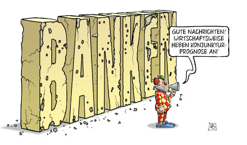 Cartoon: Banken und Konjunktur (medium) by Harm Bengen tagged gute,nachrichten,wirtschaftsweise,heben,konjunkturprognose,clown,megaphon,witz,ubs,credit,suisse,banken,fusion,finanzkrise,bankenkrise,harm,bengen,cartoon,karikatur,gute,nachrichten,wirtschaftsweise,heben,konjunkturprognose,clown,megaphon,witz,ubs,credit,suisse,banken,fusion,finanzkrise,bankenkrise,harm,bengen,cartoon,karikatur