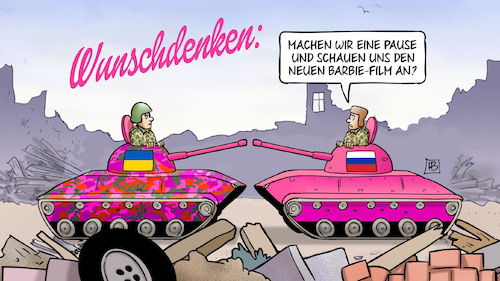 Cartoon: Barbie (medium) by Harm Bengen tagged wunschdenken,pause,barbie,film,panzer,rosa,pink,russland,ukraine,krieg,harm,bengen,cartoon,karikatur,wunschdenken,pause,barbie,film,panzer,rosa,pink,russland,ukraine,krieg,harm,bengen,cartoon,karikatur