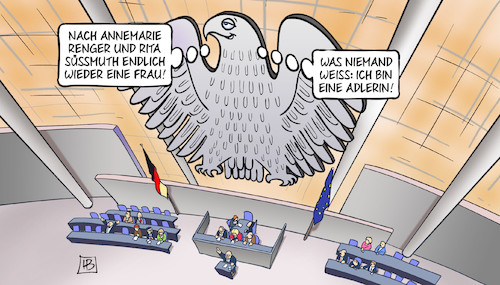 Cartoon: Bas Bundestagspräsidentin (medium) by Harm Bengen tagged bärbel,bas,renger,süssmuth,frau,bundestagspräsidentin,adlerin,bundestag,adler,spd,harm,bengen,cartoon,karikatur,bärbel,bas,renger,süssmuth,frau,bundestagspräsidentin,adlerin,bundestag,adler,spd,harm,bengen,cartoon,karikatur