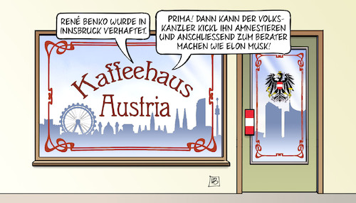 Cartoon: Benko-Verhaftung (medium) by Harm Bengen tagged rene,benko,insolvenz,pleite,karstadt,galeria,kaufhof,innsbruck,verhaftet,volkskanzler,kickl,amnestieren,berater,elon,musk,kaffeehaus,austria,österreich,harm,bengen,cartoon,karikatur,rene,benko,insolvenz,pleite,karstadt,galeria,kaufhof,innsbruck,verhaftet,volkskanzler,kickl,amnestieren,berater,elon,musk,kaffeehaus,austria,österreich,harm,bengen,cartoon,karikatur