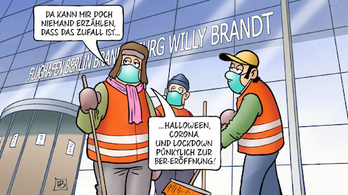 Cartoon: BER-Eröffnung und Lockdown (medium) by Harm Bengen tagged zufall,berlin,flughafen,arbeiter,halloween,corona,lockdown,ber,eröffnung,harm,bengen,cartoon,karikatur,zufall,berlin,flughafen,arbeiter,halloween,corona,lockdown,ber,eröffnung,harm,bengen,cartoon,karikatur