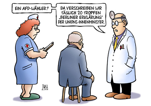 Cartoon: Berliner Erklärung (medium) by Harm Bengen tagged berliner,erklärung,afd,wähler,verschreiben,tropfen,union,innenminister,arzt,krankenschwester,patient,burka,harm,bengen,cartoon,karikatur,berliner,erklärung,afd,wähler,verschreiben,tropfen,union,innenminister,arzt,krankenschwester,patient,burka,harm,bengen,cartoon,karikatur