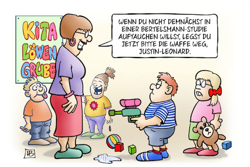 Cartoon: Bertelsmann-Kita-Studie (medium) by Harm Bengen tagged bertelsmann,studie,waffe,kita,kinder,harm,bengen,cartoon,karikatur,bertelsmann,studie,waffe,kita,kinder,harm,bengen,cartoon,karikatur