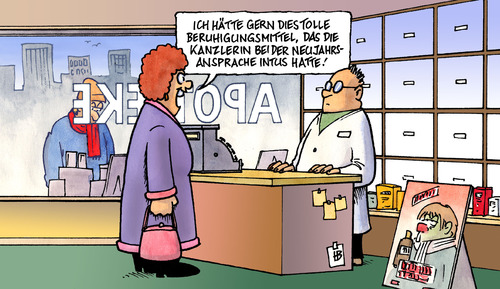 Cartoon: Beruhigungsmittel (medium) by Harm Bengen tagged beruhigungsmittel,apotheke,pille,kanzlerin,angela,merkel,neujahrsansprache,jahresbeginn,cdu,beruhigungsmittel,apotheke,pille,angel merkel,kanzlerin,jahresbeginn,cdu,angel,merkel