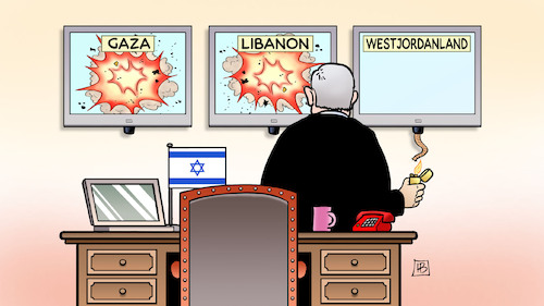 Cartoon: Bibi zündelt weiter (medium) by Harm Bengen tagged gaza,libanon,westjordanland,krieg,israel,netanjahu,explosionen,lunte,feuerzeug,schreibtisch,fahne,monitore,zündeln,harm,bengen,cartoon,karikatur,gaza,libanon,westjordanland,krieg,israel,netanjahu,explosionen,lunte,feuerzeug,schreibtisch,fahne,monitore,zündeln,harm,bengen,cartoon,karikatur