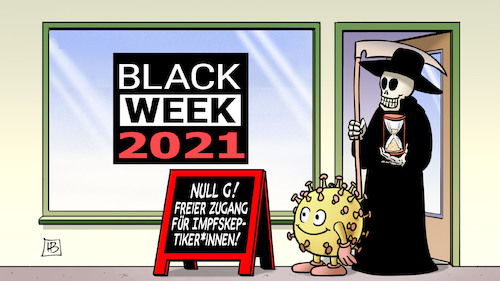 Cartoon: Black Week 2021 (medium) by Harm Bengen tagged black,week,friday,2021,null,freier,zugang,impfskeptikerinnen,corona,virus,tod,laden,sharm,bengen,cartoon,karikatur,black,week,friday,2021,null,freier,zugang,impfskeptikerinnen,corona,virus,tod,laden,sharm,bengen,cartoon,karikatur