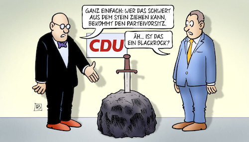 Cartoon: BlackRock (medium) by Harm Bengen tagged schwert,stein,artussage,parteivorsitz,cdu,blackrock,merz,harm,bengen,cartoon,karikatur,schwert,stein,artussage,parteivorsitz,cdu,blackrock,merz,harm,bengen,cartoon,karikatur