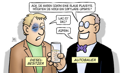 Cartoon: Blaue Plakette (medium) by Harm Bengen tagged blaue,blaues,auge,plakette,software,update,placebo,aspirin,dieselnutzer,autobauer,hersteller,fahrverbote,bundesverwaltungsgericht,diesel,abgasskandal,harm,bengen,cartoon,karikatur,blaue,blaues,auge,plakette,software,update,placebo,aspirin,dieselnutzer,autobauer,hersteller,fahrverbote,bundesverwaltungsgericht,diesel,abgasskandal,harm,bengen,cartoon,karikatur