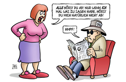 Cartoon: BND hört alle ab (medium) by Harm Bengen tagged selektorenliste,bnd,karikatur,cartoon,bengen,harm,zeitung,ehefrau,spion,spitzel,abhören,geheimdienst,bnd,selektorenliste,geheimdienst,abhören,spitzel,spion,ehefrau,zeitung,harm,bengen,cartoon,karikatur