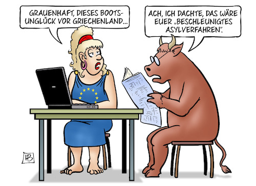 Cartoon: Bootsunglück (medium) by Harm Bengen tagged bootsunglück,griechenland,beschleunigtes,asylverfahren,schiff,mittelmeer,migration,flüchtlinge,eu,europa,computer,laptop,stier,harm,bengen,cartoon,karikatur,bootsunglück,griechenland,beschleunigtes,asylverfahren,schiff,mittelmeer,migration,flüchtlinge,eu,europa,computer,laptop,stier,harm,bengen,cartoon,karikatur