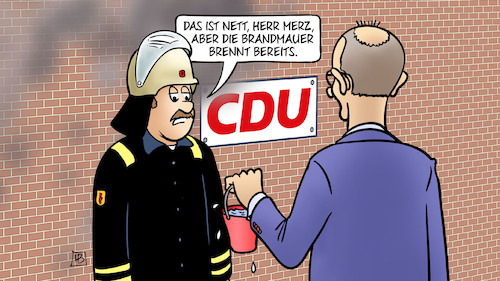 Cartoon: Brandmauer brennt (medium) by Harm Bengen tagged merz,brandmauer,cdu,rauch,feuerwehrmann,eimer,afd,zusammenarbeit,harm,bengen,cartoon,karikatur,merz,brandmauer,cdu,rauch,feuerwehrmann,eimer,afd,zusammenarbeit,harm,bengen,cartoon,karikatur