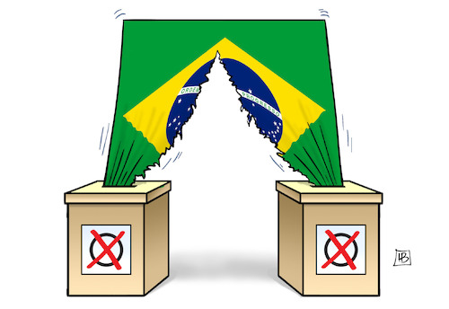 Cartoon: Brasilien-Spaltung (medium) by Harm Bengen tagged brasilien,spaltung,wahl,wahlurnen,fahne,lula,bolsonaro,harm,bengen,cartoon,karikatur,brasilien,spaltung,wahl,wahlurnen,fahne,lula,bolsonaro,harm,bengen,cartoon,karikatur