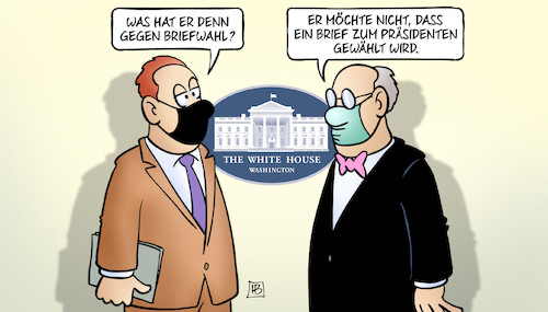 Cartoon: Briefwahl USA (medium) by Harm Bengen tagged usa,weisses,haus,masken,briefwahl,trump,wahlen,präsident,harm,bengen,cartoon,karikatur,usa,weisses,haus,masken,briefwahl,trump,wahlen,präsident,harm,bengen,cartoon,karikatur