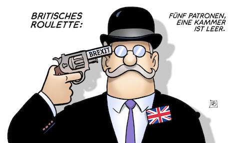 Cartoon: Britisches Roulette (medium) by Harm Bengen tagged britisches,roulette,patronen,kammer,leer,pistole,gb,uk,brexit,abstimmung,no,deal,europa,austritt,selbstmord,suizid,harm,bengen,cartoon,karikatur,britisches,roulette,patronen,kammer,leer,pistole,gb,uk,brexit,abstimmung,no,deal,europa,austritt,selbstmord,suizid,harm,bengen,cartoon,karikatur