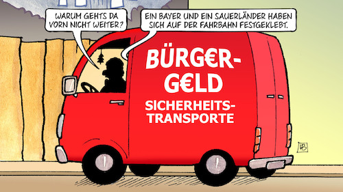 Cartoon: Bürgergeld-Blockade (medium) by Harm Bengen tagged bayer,sauerländer,fahrbahn,festgeklebt,strasse,proteste,bürgergeld,sicherheitstransporte,hartz,reform,lkw,lieferwagen,söder,merz,cdu,csu,blockade,harm,bengen,cartoon,karikatur,bayer,sauerländer,fahrbahn,festgeklebt,strasse,proteste,bürgergeld,sicherheitstransporte,hartz,reform,lkw,lieferwagen,söder,merz,cdu,csu,blockade,harm,bengen,cartoon,karikatur