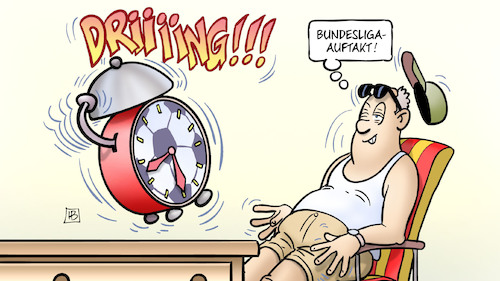 Cartoon: Bundesliga-Auftakt (medium) by Harm Bengen tagged bundesliga,auftakt,fussball,wecker,fan,sommer,liegestuhl,harm,bengen,cartoon,karikatur,bundesliga,auftakt,fussball,wecker,fan,sommer,liegestuhl,harm,bengen,cartoon,karikatur