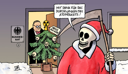 Cartoon: Bundesrat und Asse (medium) by Harm Bengen tagged bundesrat,asse,atom,atompaket,atomkraft,kernkraft,laufzeitverlängerung,energie,beschluß,brennelementesteuer,tod,tot,weihnachten,weihnachtsmann,sense,bundesregierung,zustimmung,röttgen,akw,bundesrat,asse,atom,atompaket,kernkraft,laufzeitverlängerung,energie,beschluß,brennelementesteuer,weihnachtsmann,bundesregierung,zustimmung,röttgen,weihnachten,tod,akw,umwelt