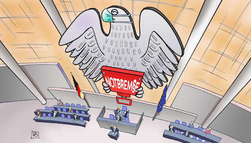 Cartoon: Bundestag-Notbremse (medium) by Harm Bengen tagged notbremse,bundestag,bundesadler,adler,gesetz,corona,plenarsaal,harm,bengen,cartoon,karikatur,notbremse,bundestag,bundesadler,adler,gesetz,corona,plenarsaal,harm,bengen,cartoon,karikatur