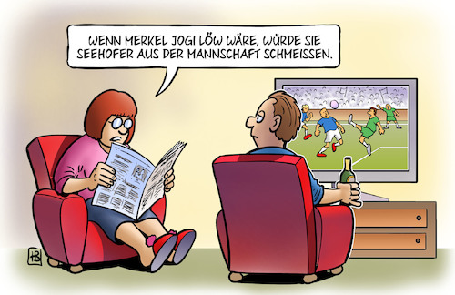 Cartoon: Bundestrainerin (medium) by Harm Bengen tagged bundestrainerin,jogi,löw,mannschaft,entlassung,tv,unionsstreit,asylpolitik,cdu,csu,migration,seehofer,merkel,fussball,wm,harm,bengen,cartoon,karikatur,bundestrainerin,jogi,löw,mannschaft,entlassung,tv,unionsstreit,asylpolitik,cdu,csu,migration,seehofer,merkel,fussball,wm,harm,bengen,cartoon,karikatur