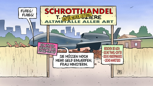 Cartoon: Bundeswehr-Schrott (medium) by Harm Bengen tagged bundeswehr,schrott,schrottplatz,material,maengel,unternehmen,uschi,ursula,von,der,leyen,verteidigungsministerin,drohnen,drohne,euro,hawk,geld,harm,bengen,cartoon,karikatur,bundeswehr,schrott,schrottplatz,material,maengel,unternehmen,uschi,ursula,von,der,leyen,verteidigungsministerin,drohnen,drohne,euro,hawk,geld,harm,bengen,cartoon,karikatur