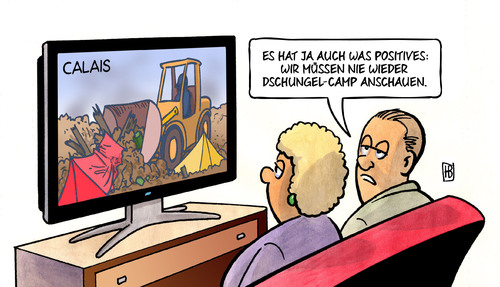 Cartoon: Calais-Räumung (medium) by Harm Bengen tagged positives,dschungel,camp,tv,lager,flüchtlinge,calais,frankreich,harm,bengen,cartoon,karikatur,positives,dschungel,camp,tv,lager,flüchtlinge,calais,frankreich,harm,bengen,cartoon,karikatur