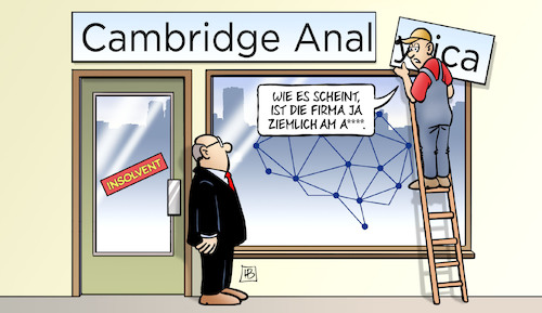 Cartoon: Cambridge Analytica insolvent (medium) by Harm Bengen tagged cambridge,analytica,facebook,datenskandal,trumpwahl,insolvenz,insolvent,leiter,arbeiter,laden,harm,bengen,cartoon,karikatur,cambridge,analytica,facebook,datenskandal,trumpwahl,insolvenz,insolvent,leiter,arbeiter,laden,harm,bengen,cartoon,karikatur