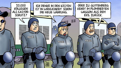 Cartoon: Castortinhalt (medium) by Harm Bengen tagged gorleben,endlager,zwischenlager,ausbau,standortsuche,standort,ergebnisoffen,castor,transport,protest,demo,polizei,atomkraft,kernkraft,atommüll,euro,eurokrise,währung,europa,eu,geld,guttenberg,exil,gorleben,endlager,zwischenlager,ausbau,standortsuche,standort,transport,ergebnisoffen,castor,protest,atomkraft,guttenberg