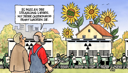 Cartoon: Castortransport und Grüne (medium) by Harm Bengen tagged castortransport,grüne,castor,atomkraft,kernkraft,protest,blockade,polizeieinsatz,polizei,schottern,sonnenblumen,partei,22,prozent,deutschlandtrend,umfrage,allzeithoch,castortransport,castor,atomkraft,kernkraft,blockade,polizeieinsatz,polizei,schottern,sonnenblumen,partei,prozent,deutschlandtrend