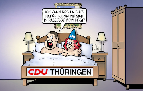 Cartoon: CDU-Bett (medium) by Harm Bengen tagged cdu,bett,afd,thüringen,abstimmung,tabubruch,brandmauer,voigt,harm,bengen,cartoon,karikatur,cdu,bett,afd,thüringen,abstimmung,tabubruch,brandmauer,voigt,harm,bengen,cartoon,karikatur