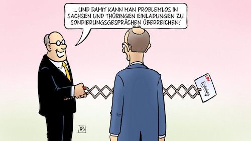 Cartoon: CDU-Einladungen (medium) by Harm Bengen tagged cdu,einladungen,sondierungsgespraeche,landtagswahlen,sachsen,thueringen,merz,zange,harm,bengen,cartoon,karikatur,cdu,einladungen,sondierungsgespraeche,landtagswahlen,sachsen,thueringen,merz,zange,harm,bengen,cartoon,karikatur