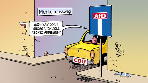 Cartoon: CDU-Sackgasse (medium) by Harm Bengen tagged merkelmussweg,sackgasse,afd,abbiegen,verschärfen,verschärfung,werte,cdu,konservativ,rechts,parteitag,essen,merkel,flüchtlingspolitik,asylpolitik,streit,harm,bengen,cartoon,karikatur,merkelmussweg,sackgasse,afd,abbiegen,verschärfen,verschärfung,werte,cdu,konservativ,rechts,parteitag,essen,merkel,flüchtlingspolitik,asylpolitik,streit,harm,bengen,cartoon,karikatur