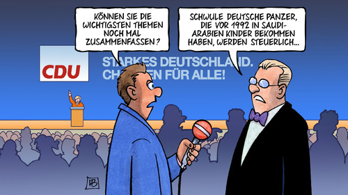 Cartoon: CDU-Zusammenfassung (medium) by Harm Bengen tagged arabien,saudi,panzer,interview,saudiarabien,rente,1992,cdu,zusammenfassung,parteitag,hannover,chancen,frauen,schwule,frauenquote,steuergleichheit,streit,merkel,kanzlerin,harm,bengen,cartoon,karikatur,interview,panzer,saudi,arabien,saudiarabien,rente,1992,cdu,zusammenfassung,parteitag,hannover,chancen,frauen,schwule,frauenquote,steuergleichheit,streit,merkel,kanzlerin,harm,bengen,cartoon,karikatur