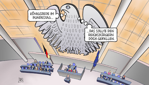 Cartoon: Charles im Bundestag (medium) by Harm Bengen tagged königsrede,bundestag,reichsbürgern,bundesadler,adler,king,könig,charles,iii,besuch,england,gb,uk,harm,bengen,cartoon,karikatur,königsrede,bundestag,reichsbürgern,bundesadler,adler,king,könig,charles,iii,besuch,england,gb,uk,harm,bengen,cartoon,karikatur