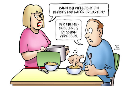 Cartoon: Chemie-Nobelpreis (medium) by Harm Bengen tagged lob,kochen,essen,frau,mann,chemie,nobelpreis,forschung,harm,bengen,cartoon,karikatur,lob,kochen,essen,frau,mann,chemie,nobelpreis,forschung,harm,bengen,cartoon,karikatur