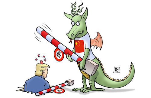 Cartoon: China-Gegenzölle (medium) by Harm Bengen tagged china,usa,zoll,gegenzölle,schlagbaum,drache,beule,wirtschaft,harm,bengen,cartoon,karikatur,china,usa,zoll,gegenzölle,schlagbaum,drache,beule,wirtschaft,harm,bengen,cartoon,karikatur