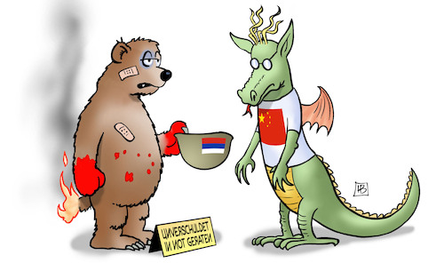 Cartoon: China-Hilfe für Russland (medium) by Harm Bengen tagged unverschuldet,bettler,betteln,feuer,blut,bär,china,drache,veilchen,helm,hilfe,russland,ukraine,krieg,angriff,harm,bengen,cartoon,karikatur,unverschuldet,bettler,betteln,feuer,blut,bär,china,drache,veilchen,helm,hilfe,russland,ukraine,krieg,angriff,harm,bengen,cartoon,karikatur