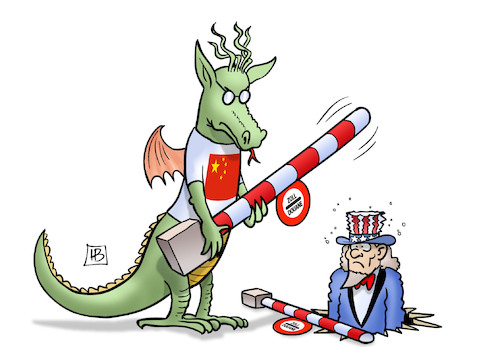 Cartoon: China-USA-Zoll (medium) by Harm Bengen tagged china,usa,zoll,strafzölle,handelskrieg,drache,uncle,sam,harm,bengen,cartoon,karikatur,china,usa,zoll,strafzölle,handelskrieg,drache,uncle,sam,harm,bengen,cartoon,karikatur